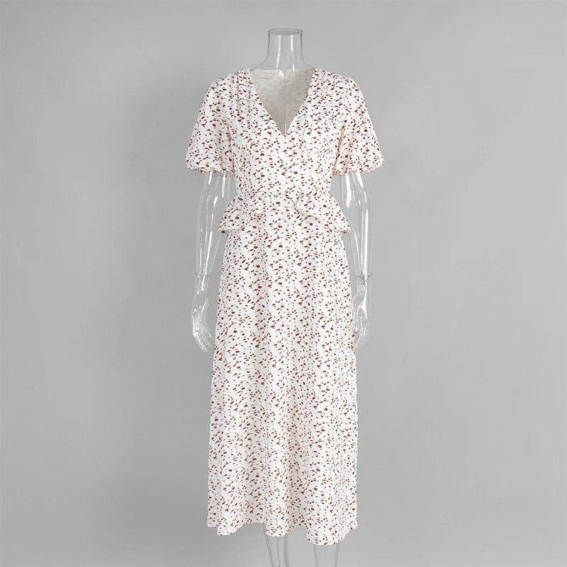 V Neck Puff Sleeve High Waist Maxi Dress