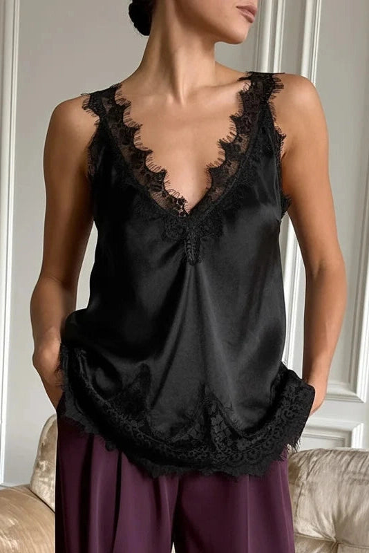 Glorol - Lace Printed V-Neck Patchwork Sleeveless Top