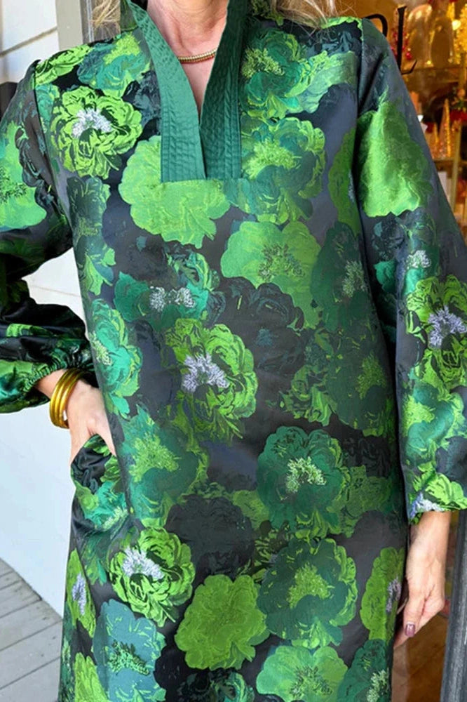 Glorol - Elegant Pocket Floral Printed Long Sleeve Loose Maxi Dress