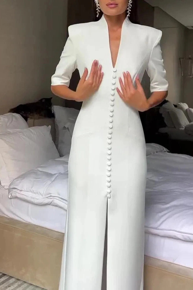 Glorol - Slim Half Sleeve High Waist Split V-Neck Single Breasted Maxi Dress