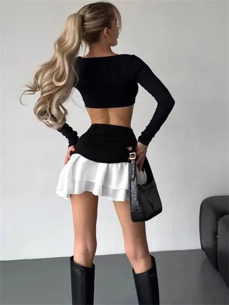 Glorol - High Waist Contrast Patchwork Pleated Skirt