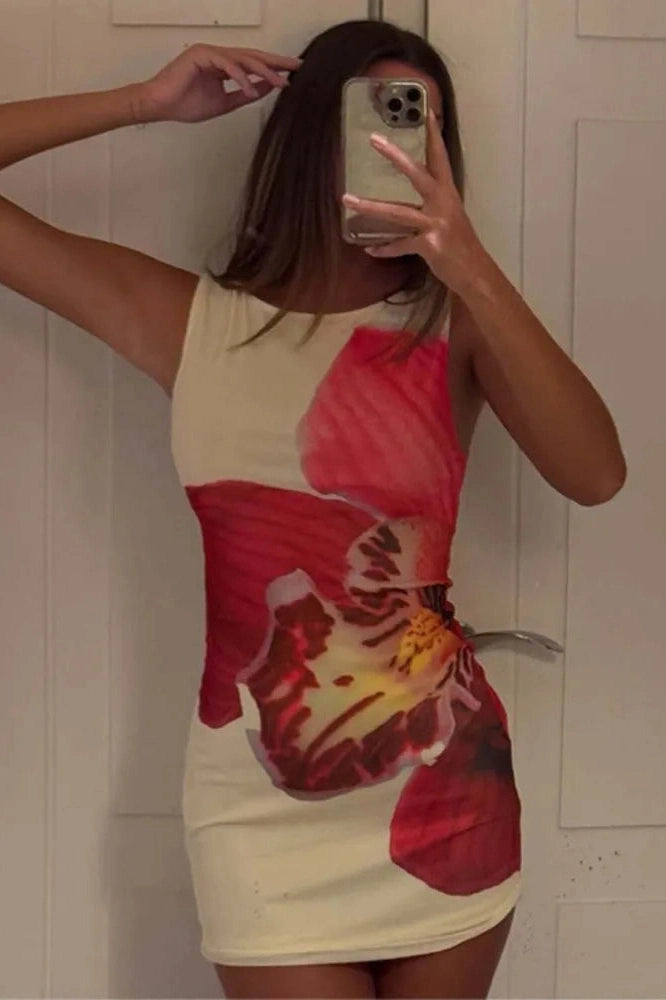 Glorol - Floral Print O Neck Sleeveless Slim Bodycon Mini Dress