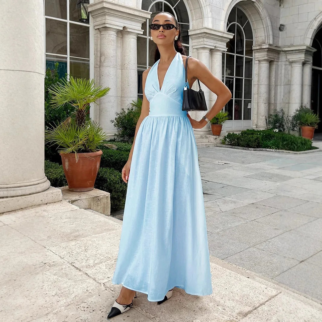 V Neck High Waist A-Line Maxi Dress