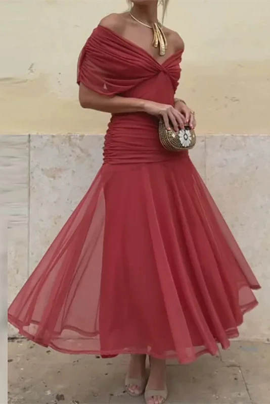 Glorol - Printed Shawl Sleeve High Waist Pleated V-Neck Off Shoulder Maxi Dress