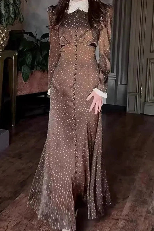 Glorol - Elegant Long Sleeve Slim Lace Up High Waist Pleat Printed Maxi Dress