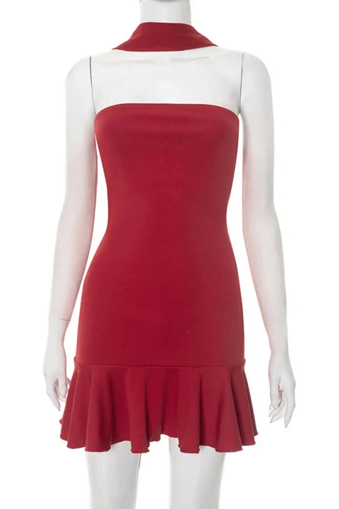 Glorol - Off-Shoulder Strapless Scarf Collar Backless Sleeveless Mini Dress