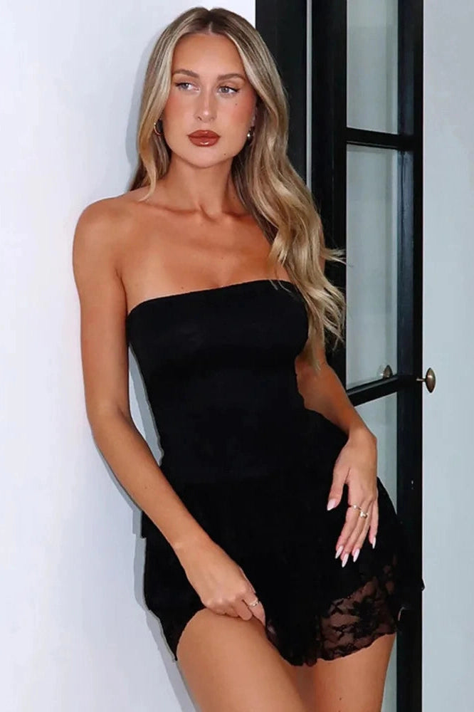 Glorol - Off-Shoulder Strapless Lace Sleeveless High Waist Pleated Mini Dress