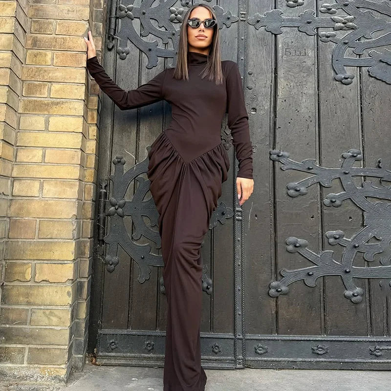 Glorol - Elegant High Neck High Waist Long Sleeve Maxi Dress
