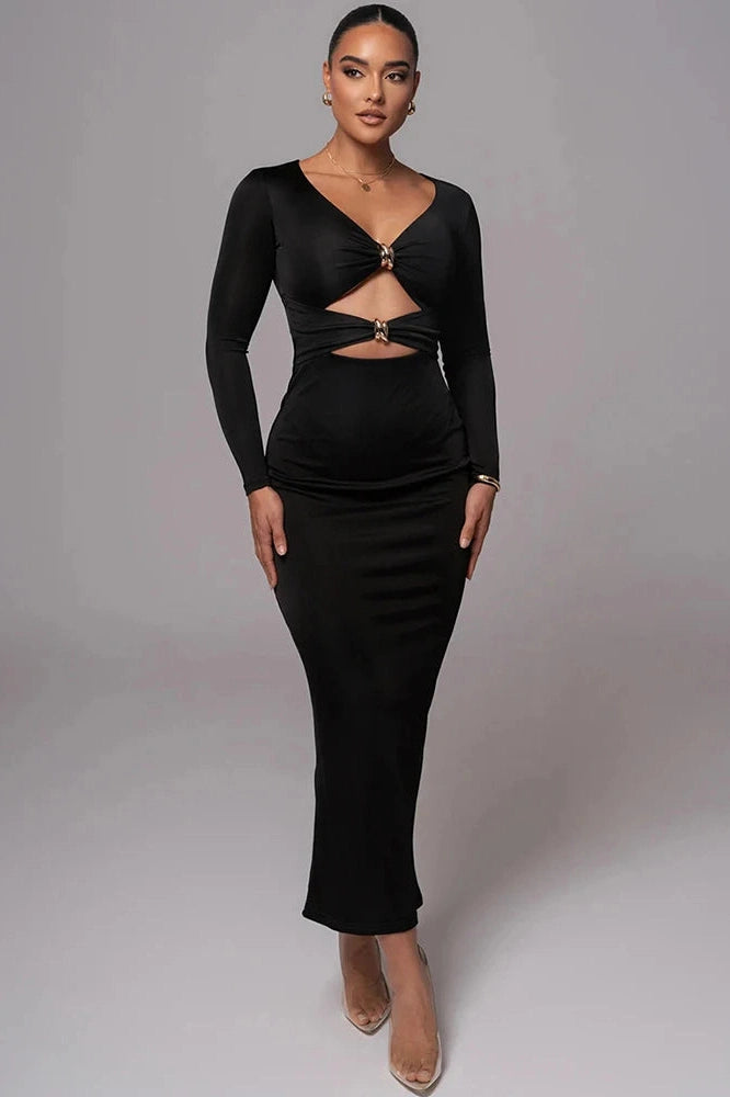 Glorol - Long Sleeve V Neck Back Split Bodycon Maxi Dress