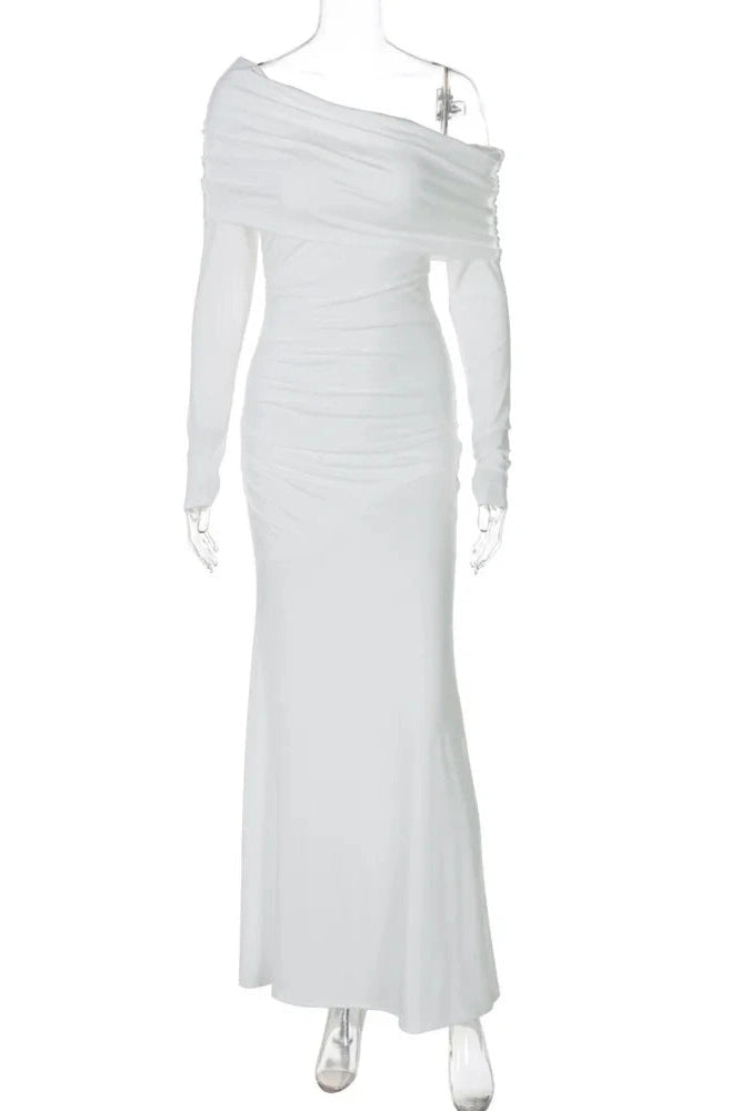 Glorol - Inclined Shoulder Long Sleeve Strapless High Waist Bodycon Maxi Dress