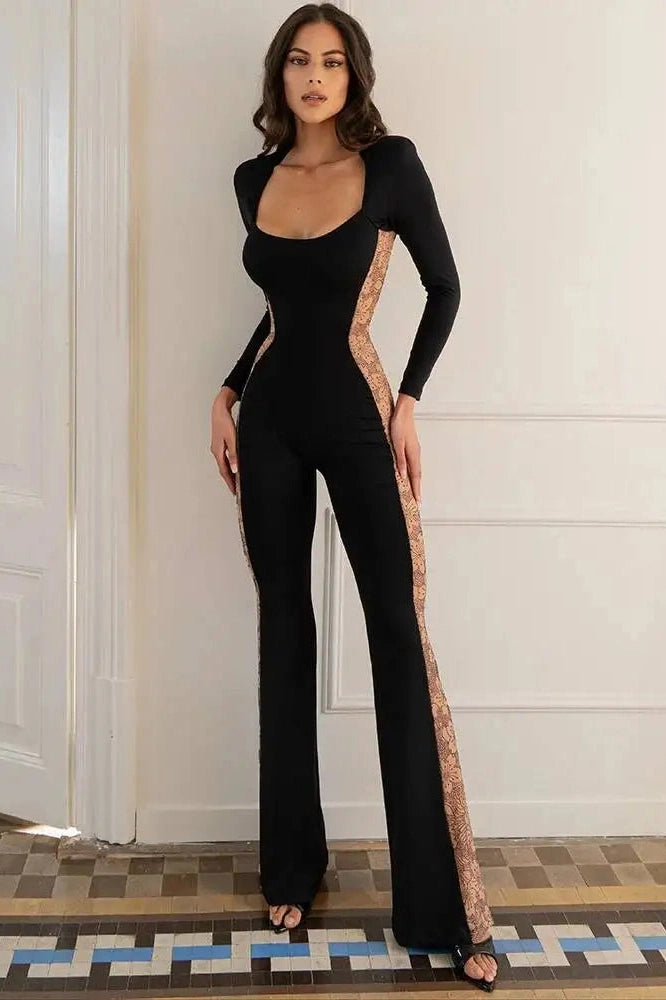 Glorol - Patchwork Long Sleeve High Waist Jumpsuit