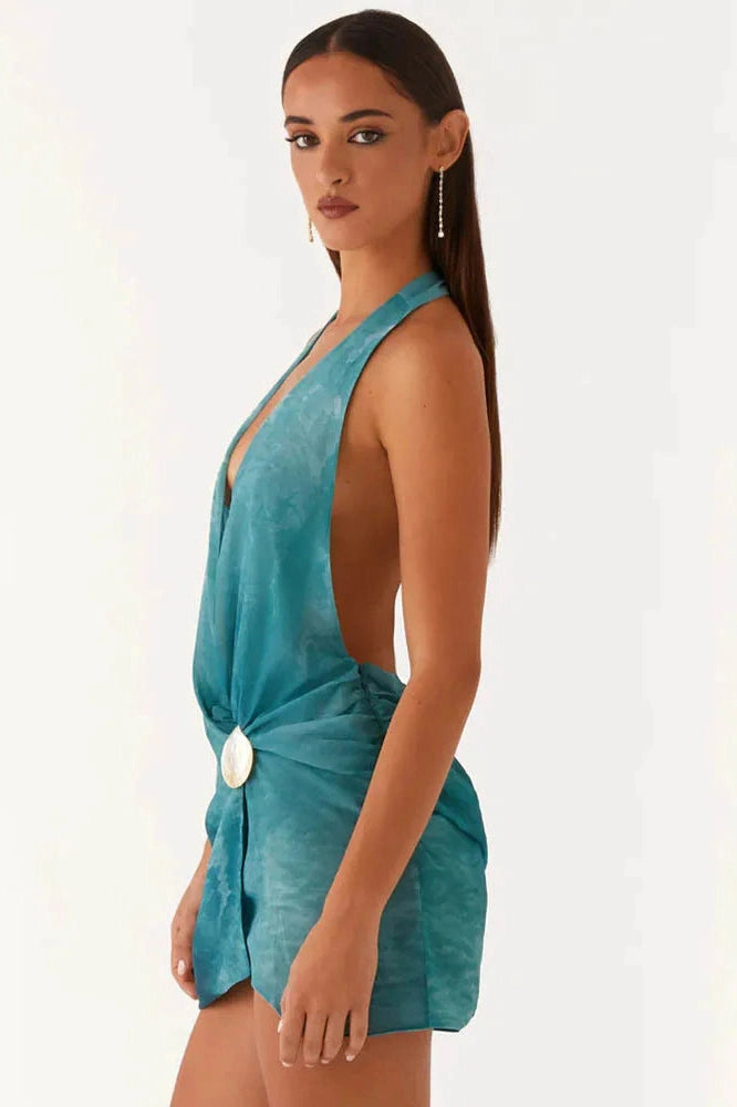 Glorol - Deep V Neck Sleeveless Backless Mini Dress