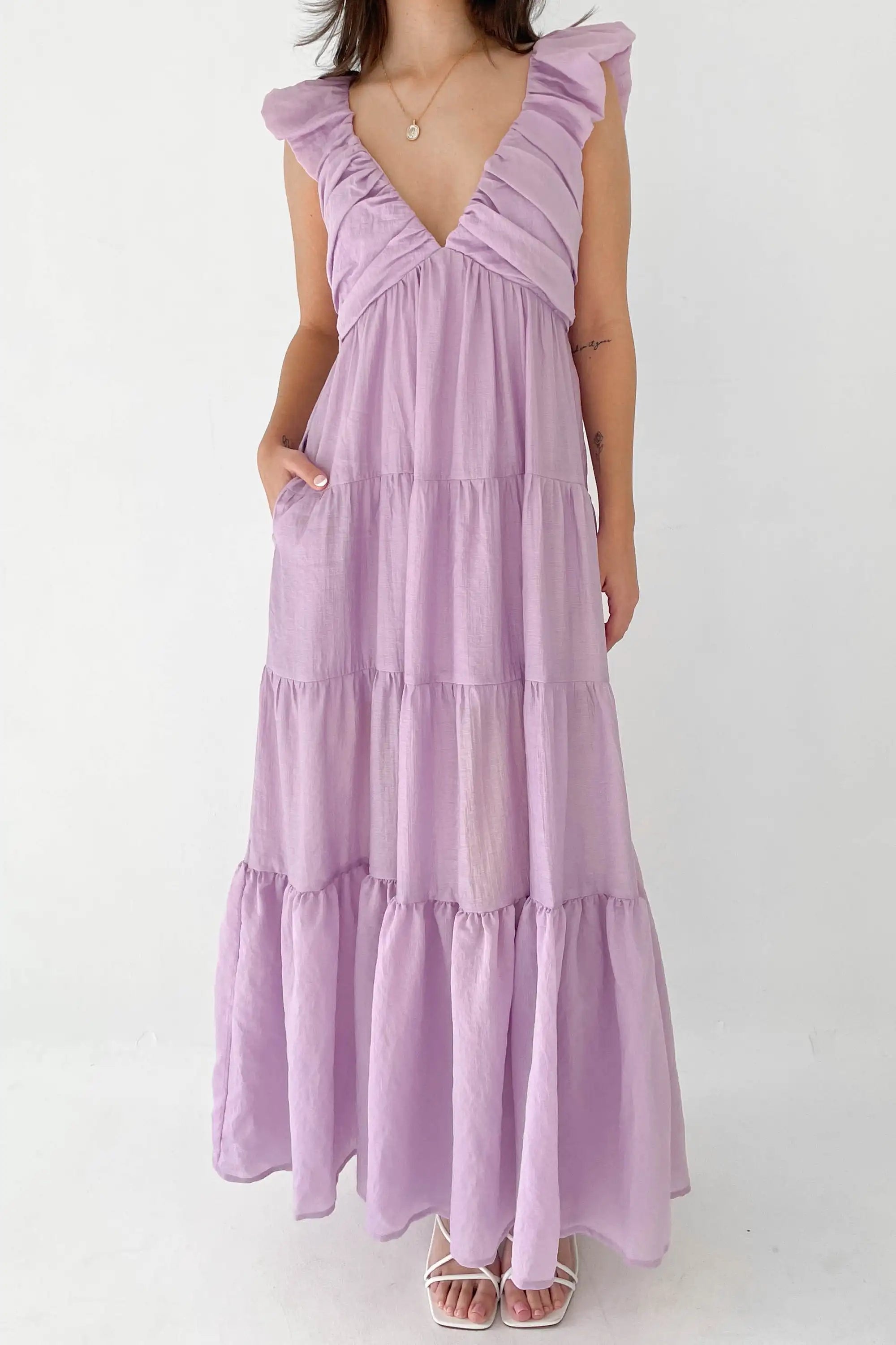 Glorol - Elegant V-Neck Loose Pleated Maxi Dress