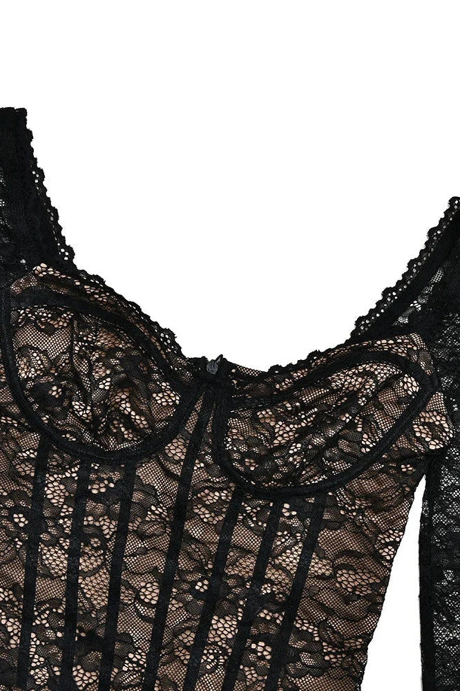 Glorol - Lace Corset Long Sleeve V-Neck Jumpsuit