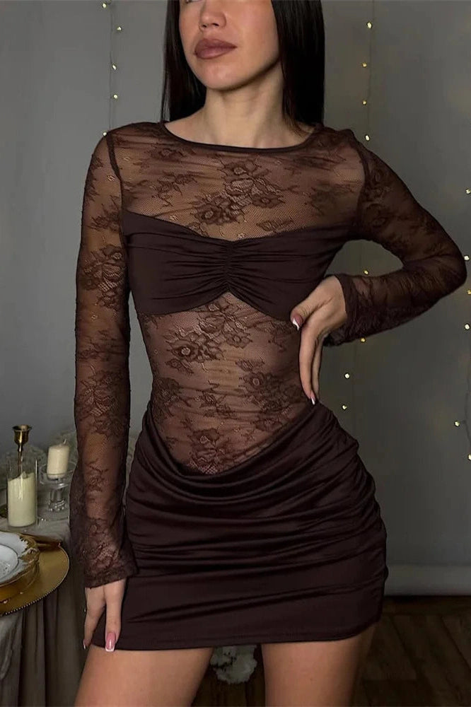 Glorol - Lace Printed See-Through Long Sleeve Mini Dress