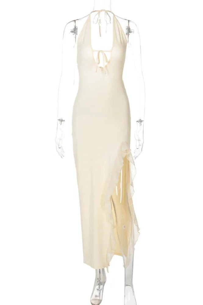 Glorol - Sleeveless Backless Lace-up Thigh Split Patchwork Maxi Dress