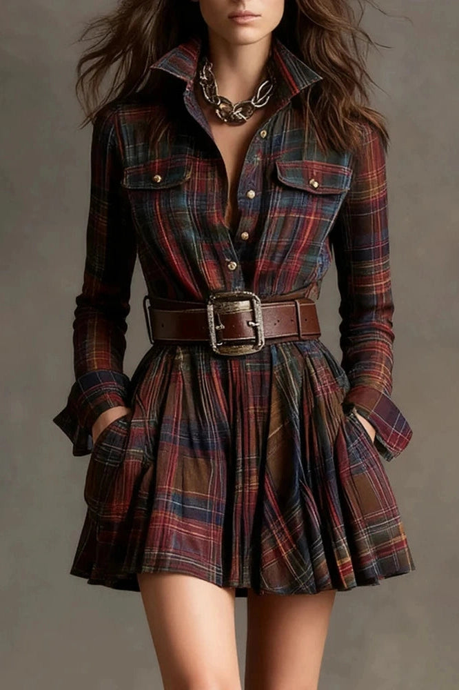 Glorol - Long Sleeve Pleated High Waist Slim Stripe Printed Mini Dress