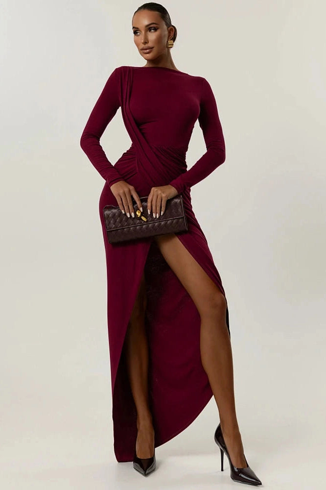 Glorol - Long Sleeve High Split O Neck Bodycon Maxi Dress