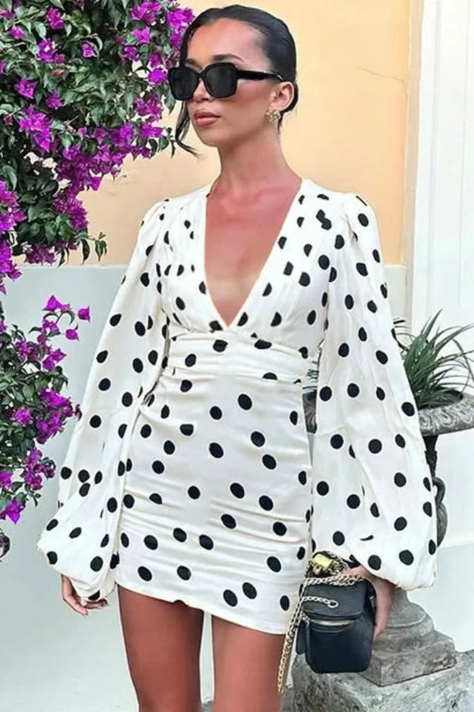 Glorol - Polka Dot Long Sleeve Deep V Neck High Waist Mini Dress