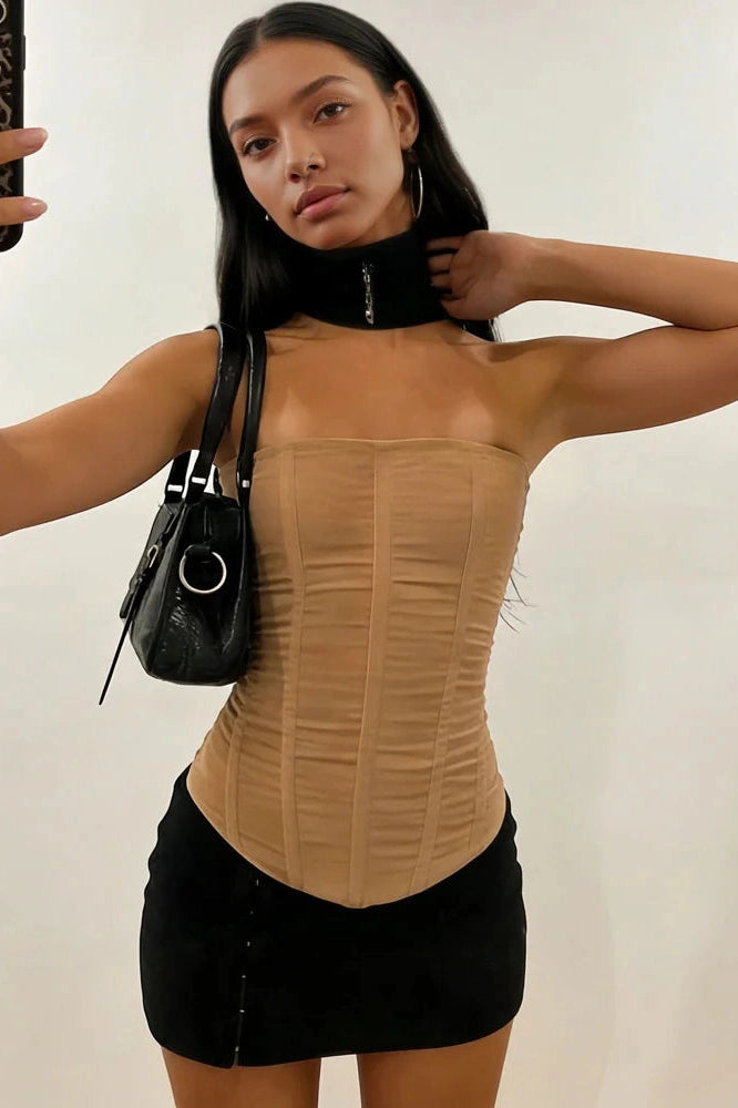 Glorol - Backless Patchwork Strapless Slim Top