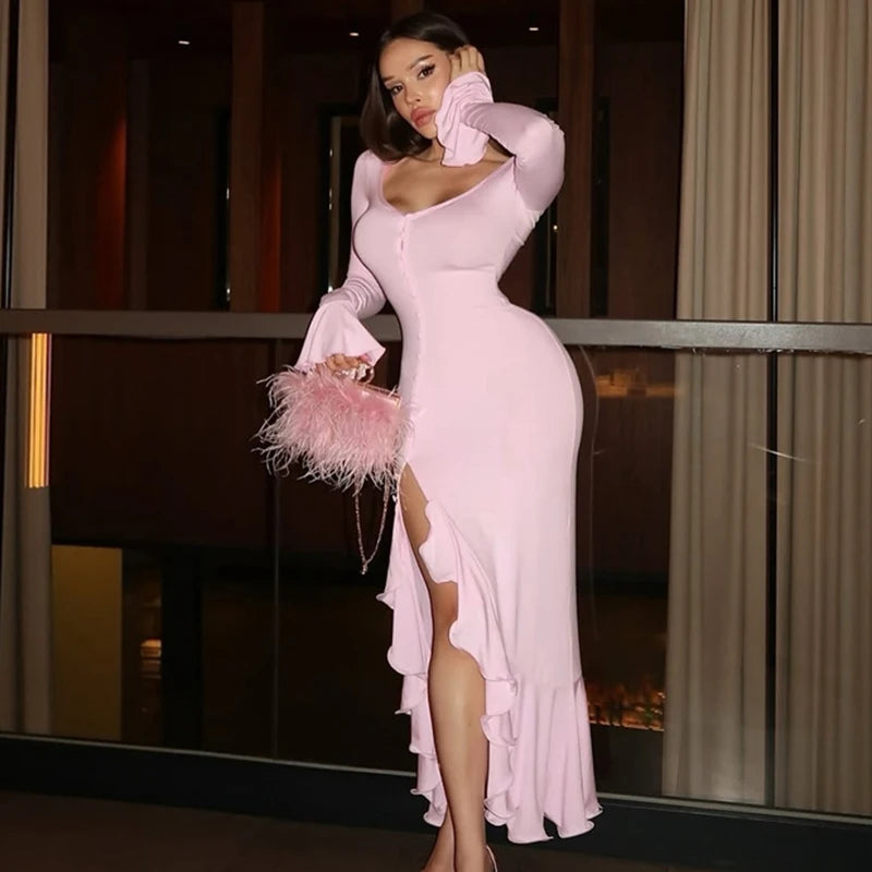 Glorol - Elegant V-Neck Patchwork Long Sleeve Split Maxi Dress