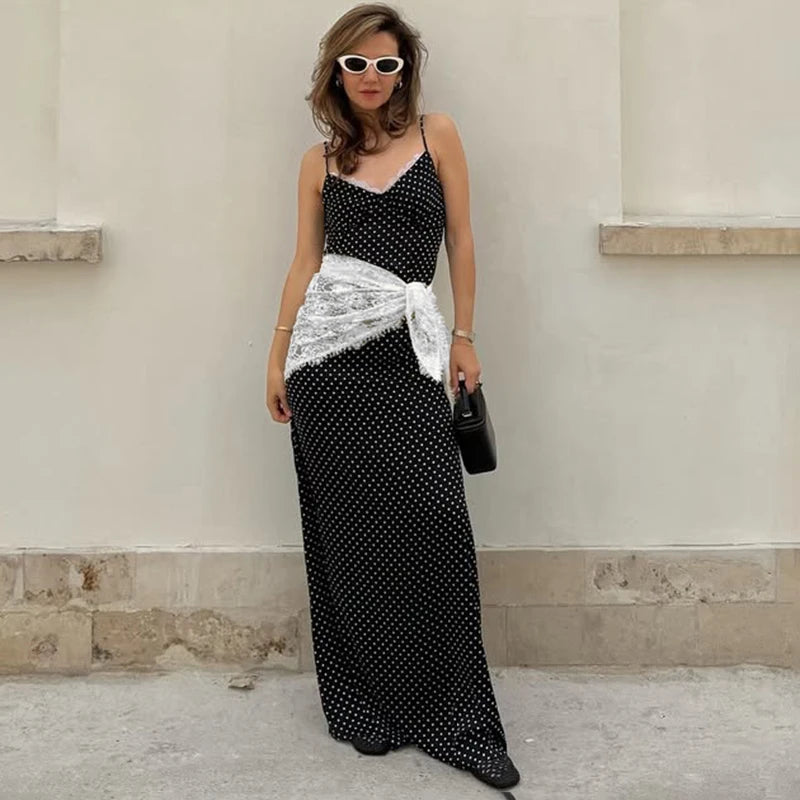 Glorol - Polka Dot Deep V Neck Lace Slim Maxi Dress