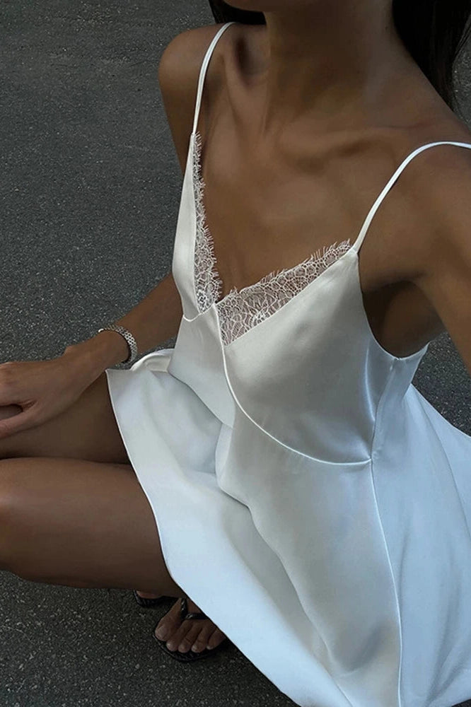 Glorol - Lace Deep V Neck Backless Spaghetti Strap Mini Dress