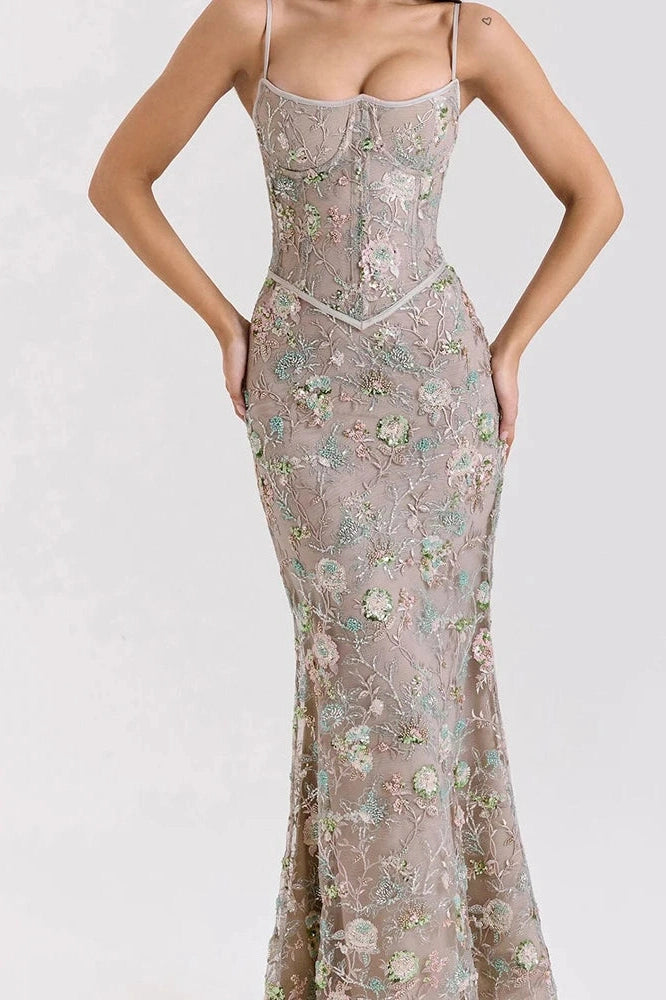 Glorol - Hollow Out Lace Embroidery Slim Backless Maxi Dress