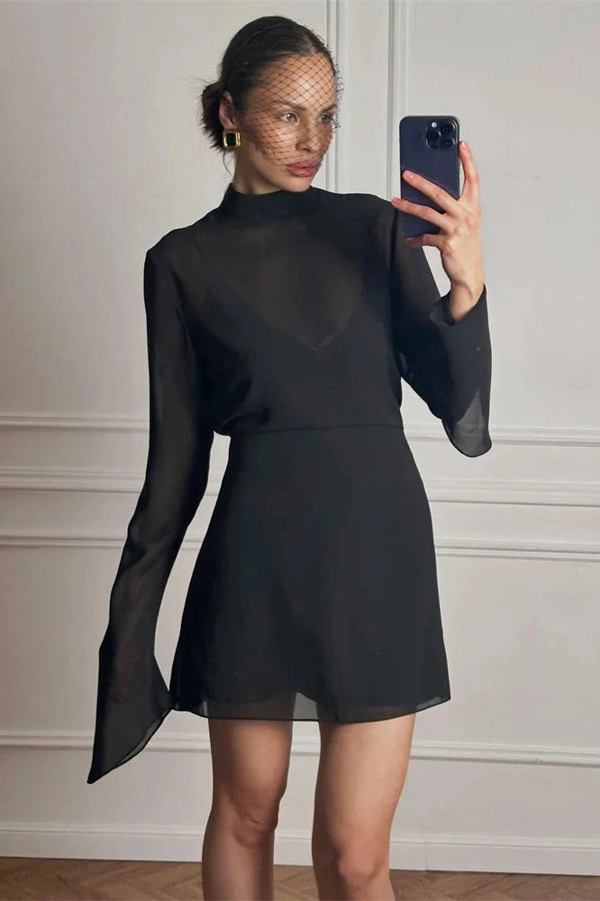 Glorol - Lace-Up See-Through Loose Long Sleeve Mini Dress