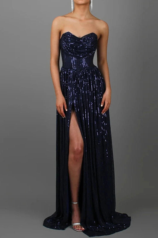Glorol - Pleated Off Shoulder High Waist Split Maxi Dress