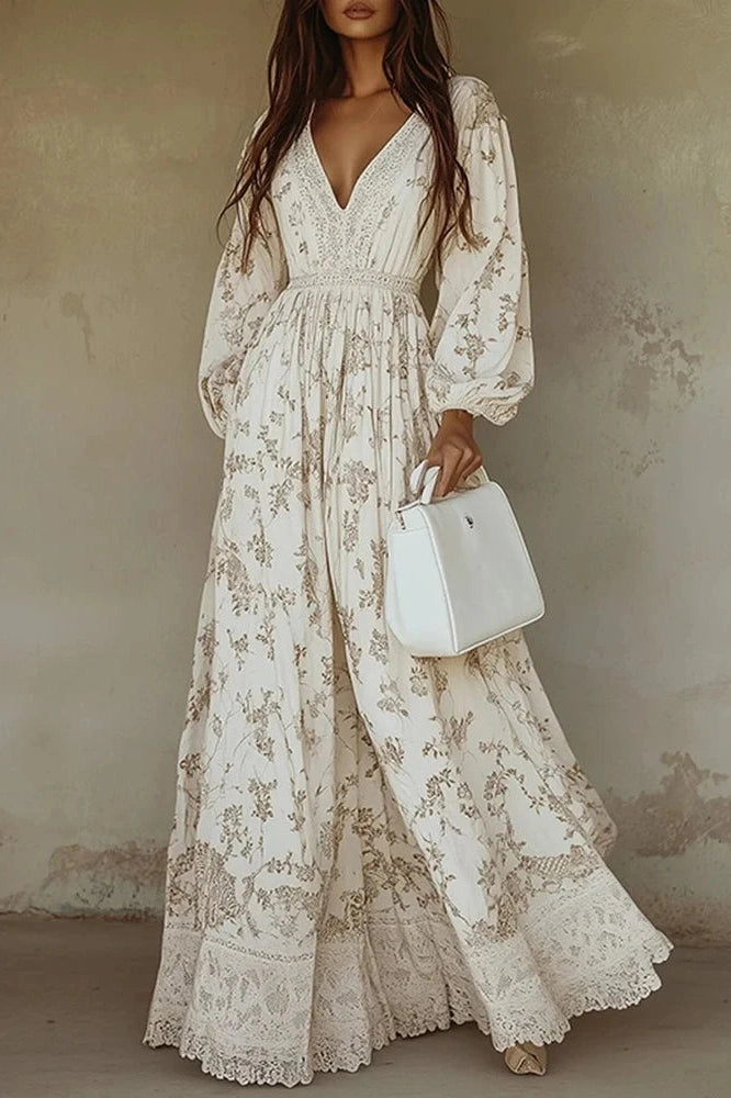 Glorol - Elegant Long Sleeve Lace V-Neck Printed Maxi Dress