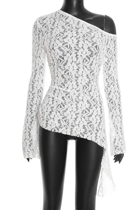 Glorol - Lace See-Through One-Shoulder Printed Top