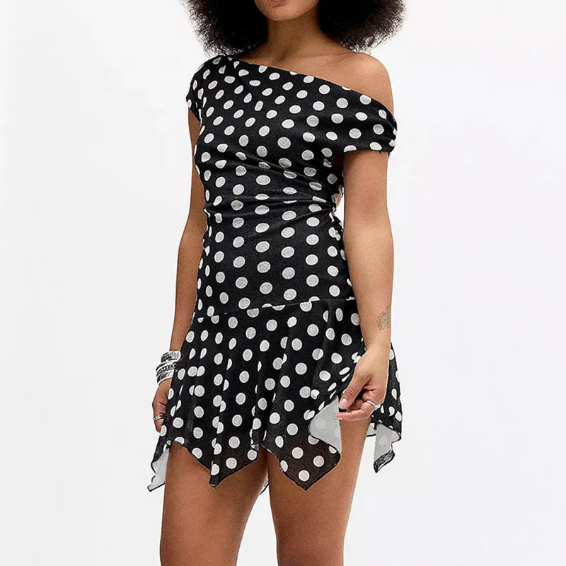 Glorol - Polka Dot Off-Shoulder Long Sleeve Patchwork Mini Dress