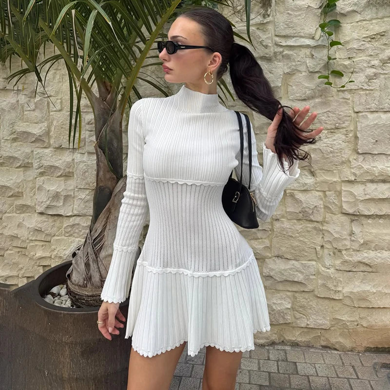 Glorol - Hollow Knitted Long Sleeve Slim Mini Dress