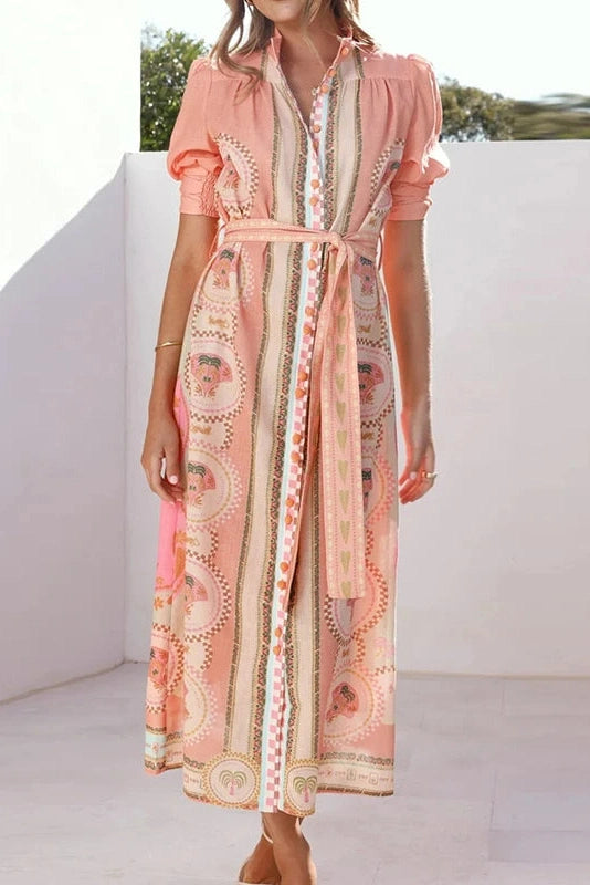 Glorol - Elegant Lace Up High Waist Printed Short Sleeve Pleated Midi Dress