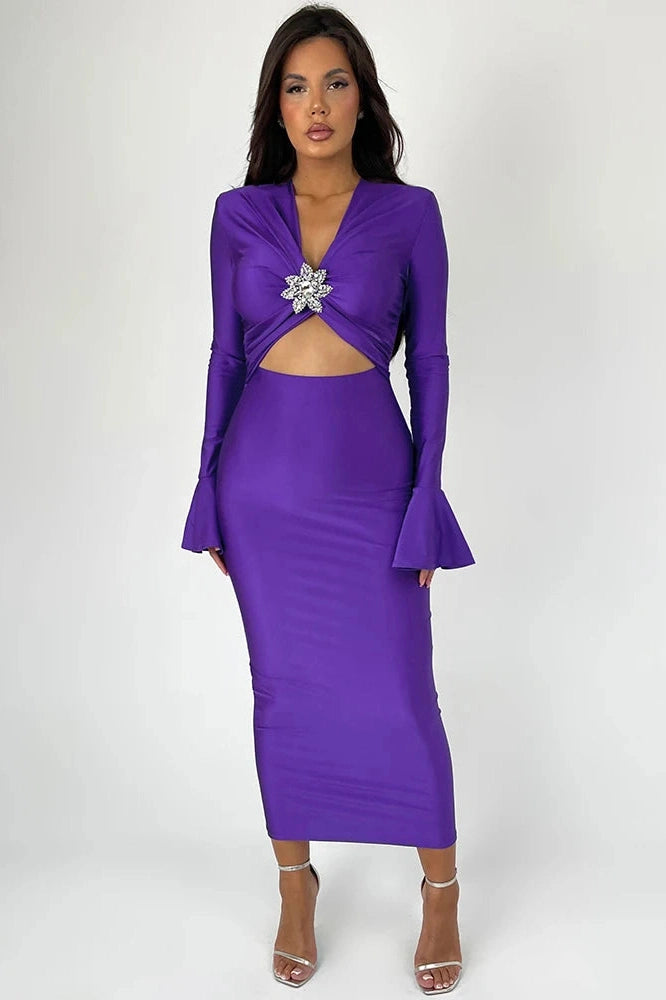 Glorol - Elegant Hollow Out V Neck Long Flare Sleeve Maxi Dress