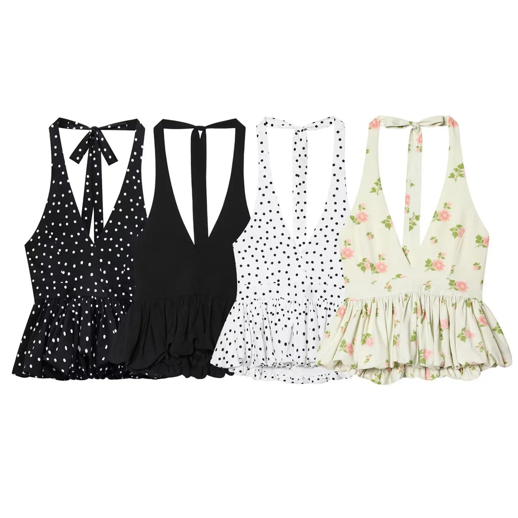 Glorol - Lace Up Sleeveless V-Neck Backless Printed Top