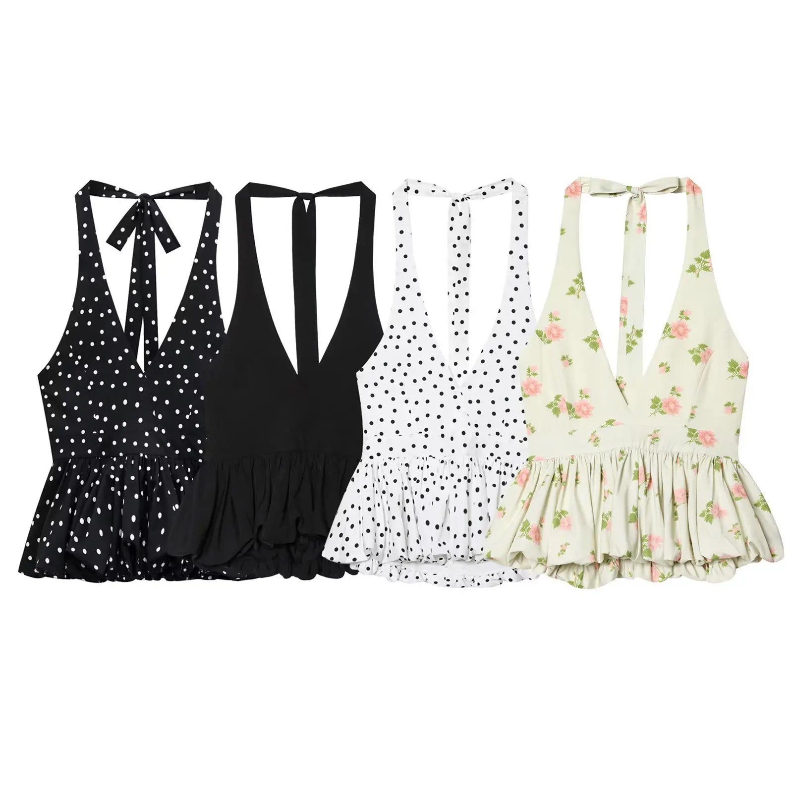 Glorol - Lace Up Sleeveless V-Neck Backless Printed Top