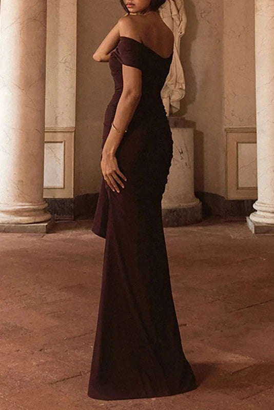 Glorol - Hollow Out Slash Collar Slim High Waist Pleated Maxi Dress