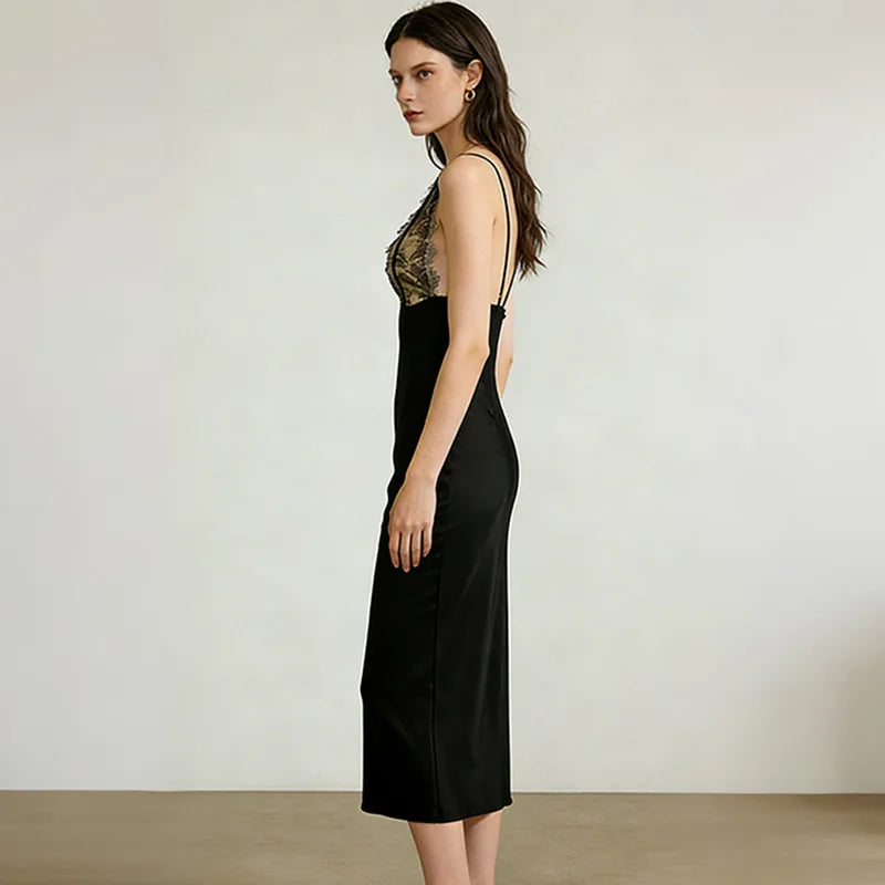 Glorol - Elegant V-Neck Patchwork Backless Maxi Dress