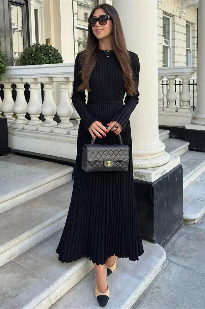 Glorol - Lace-Up High Waist Patchwork Long Sleeve Maxi Dress