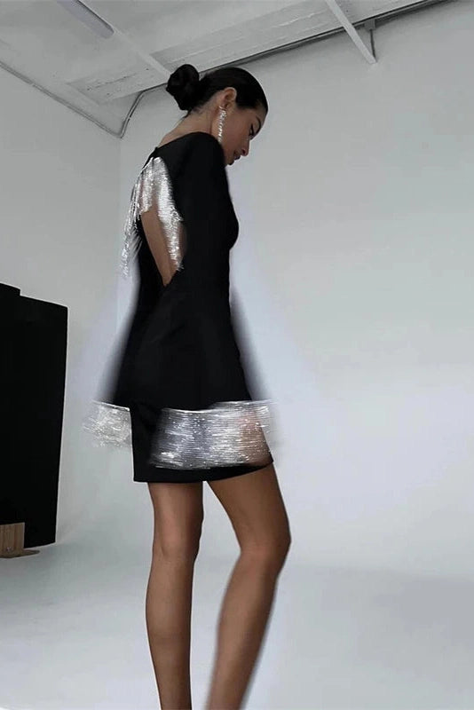 Glorol - Hollow Out Square Collar Patchwork Slim Flare Sleeve Mini Dress