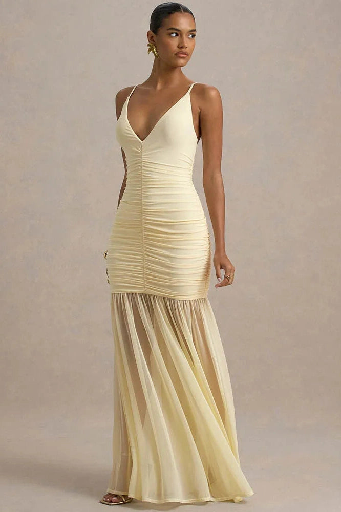 Glorol - Spaghetti Strap Backless Patchwork V Neck Pleated Maxi Dress