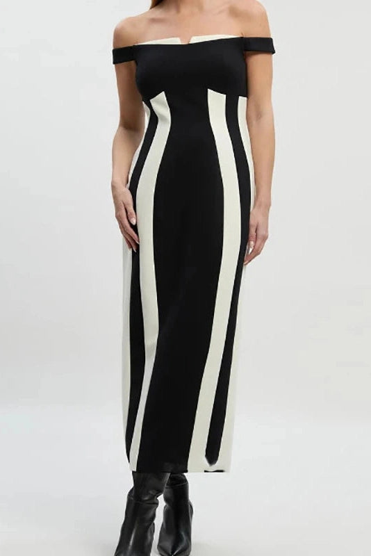 Glorol - Elegant High Waist Sleeveless Slim Slash Collar Midi Dress