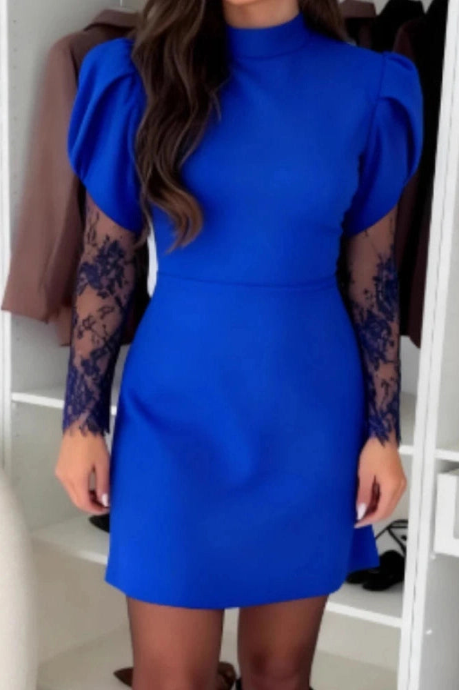 Glorol - O-Neck Lace Long Sleeve Slim High Waist Pleated A-Line Mini Dress