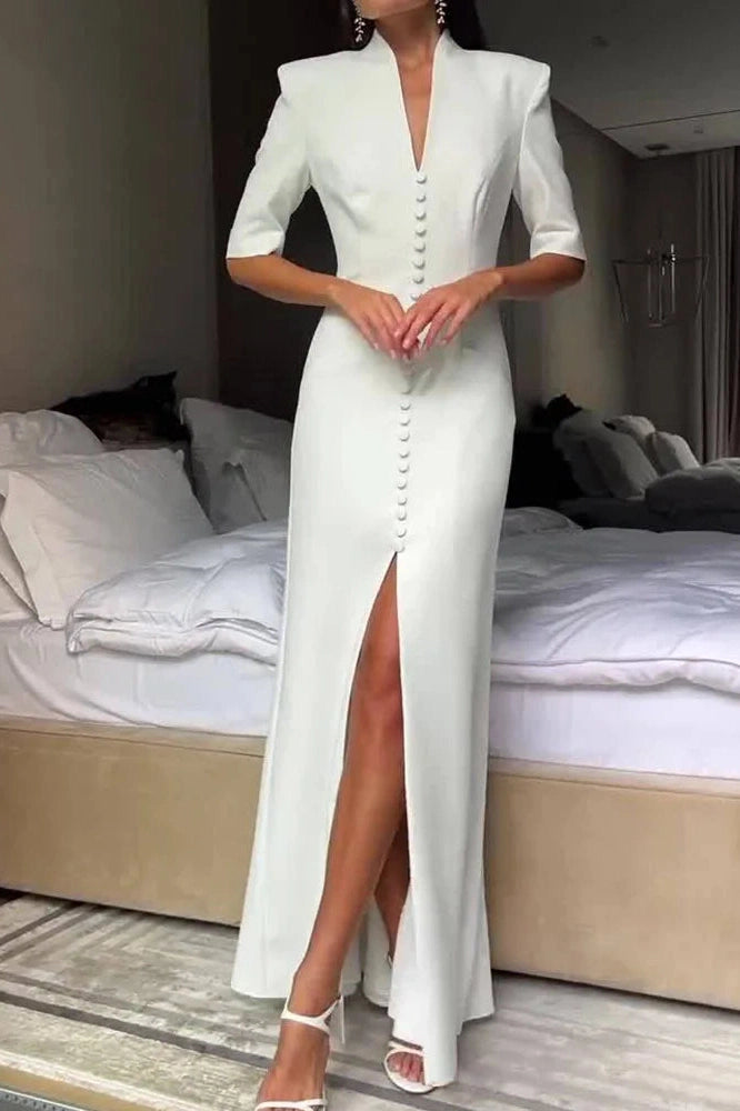 Glorol - Slim Half Sleeve High Waist Split V-Neck Single Breasted Maxi Dress