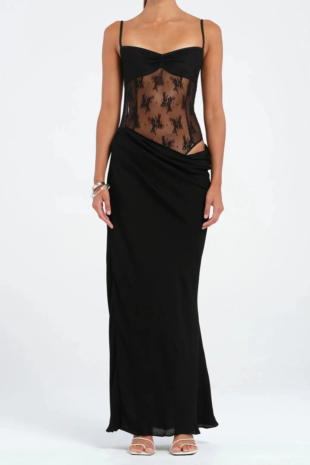 Glorol - Patchwork Lace Slim Spaghetti Strap Backless Maxi Dress