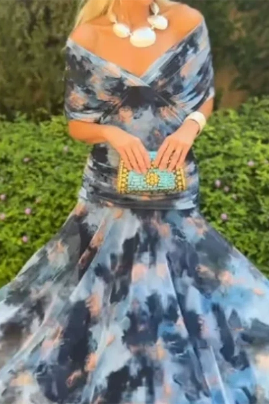 Glorol - Printed Shawl Sleeve High Waist Pleated V-Neck Off Shoulder Maxi Dress