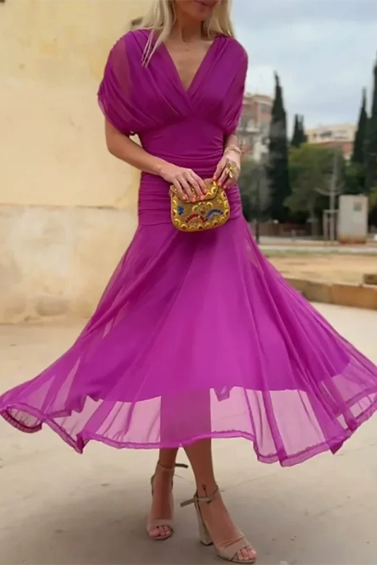 Glorol - Printed Shawl Sleeve High Waist Pleated V-Neck Off Shoulder Maxi Dress