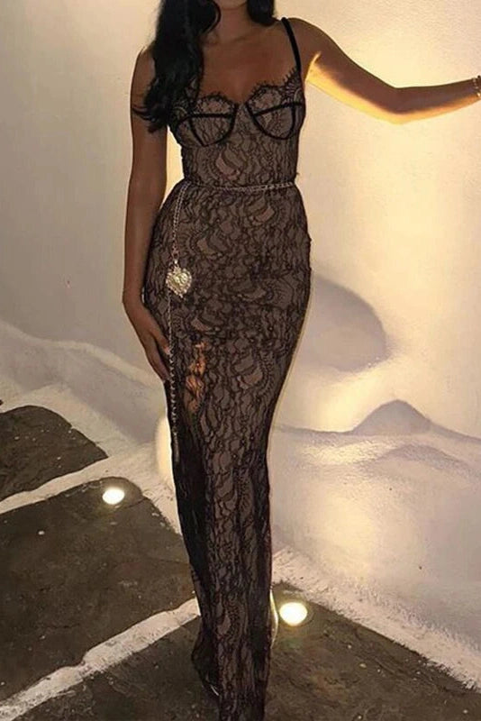 Glorol - Elegant V Neck Sleeveless Lace Slim Maxi Dress